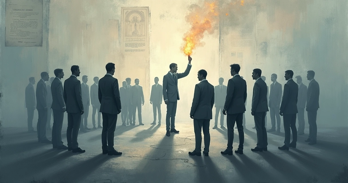 Abstract illustration of interconnected figures with shadow elements linking them 