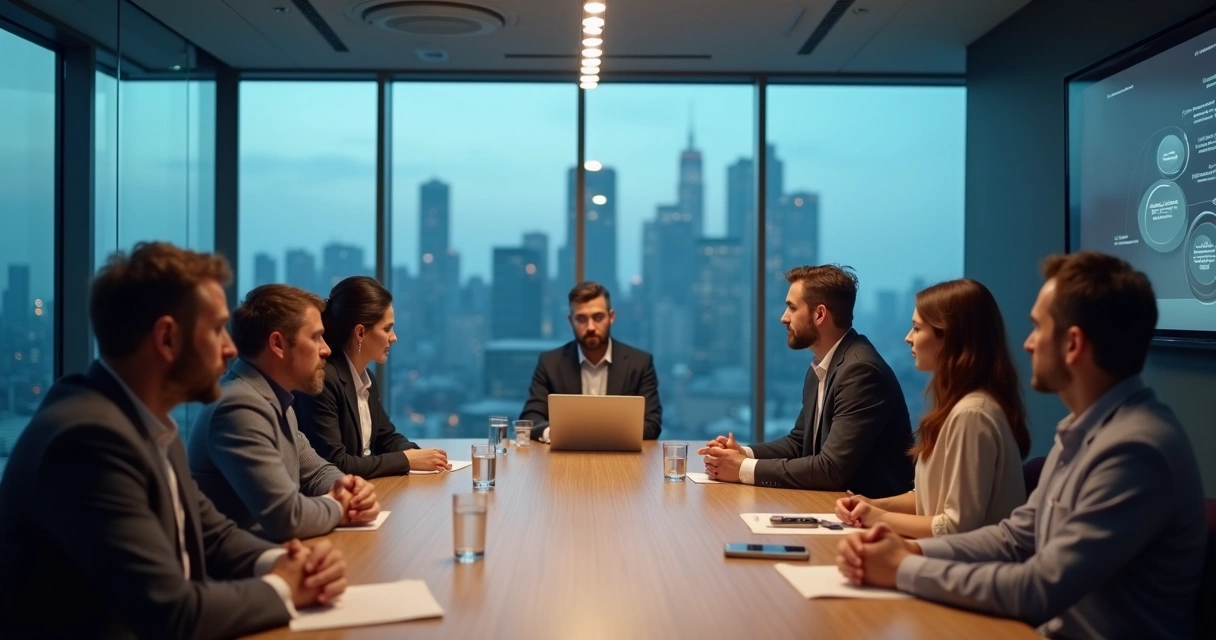 Business team in tense meeting with one colleague isolated at table 