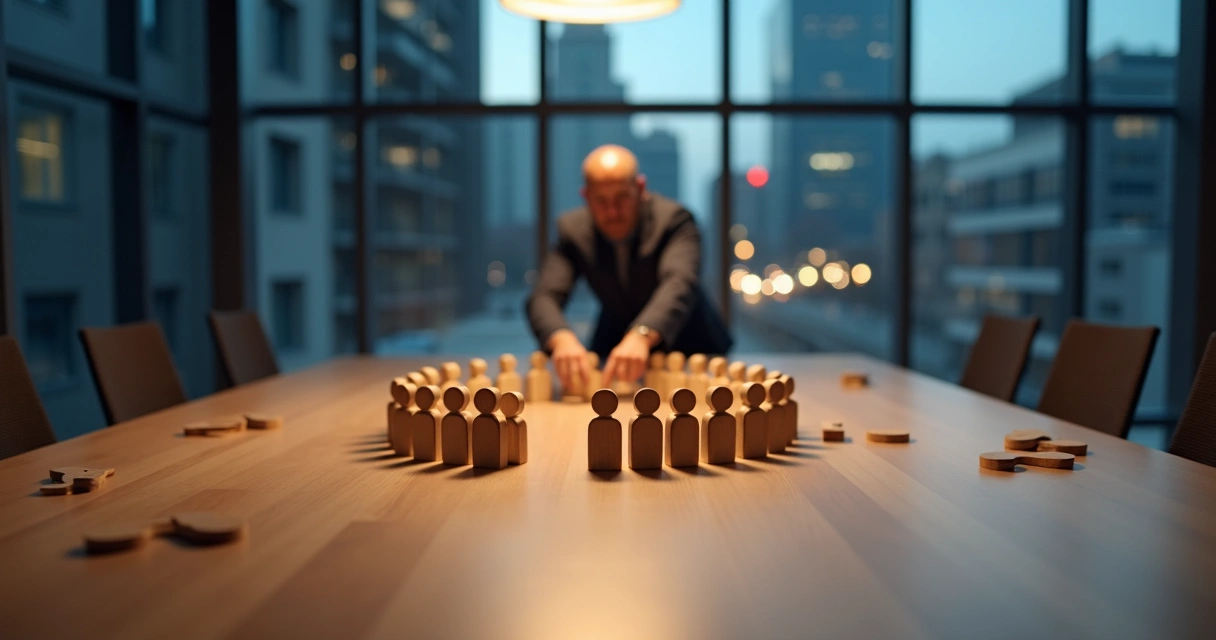 Manager arranging symbolic wooden figures of a fragmented team into a new circle on a meeting table 