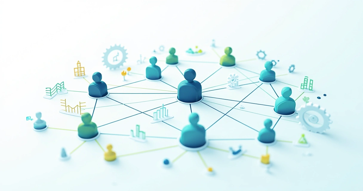 Team network with interconnected nodes and system diagram 