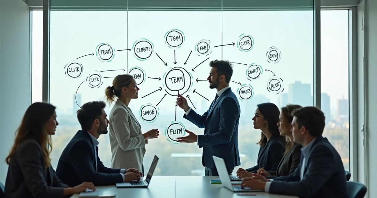 Diverse leadership team viewing interconnected organization diagram on glass wall 