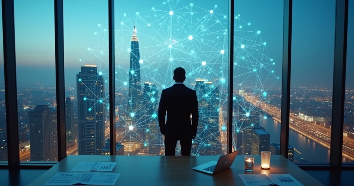 Business leader viewing an illuminated systemic network overlaying a city skyline 