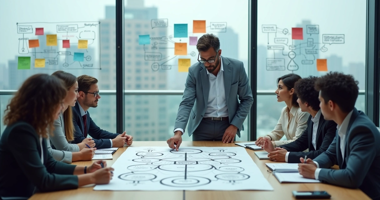 Leadership team using systemic thinking to resolve conflict around a conference table 