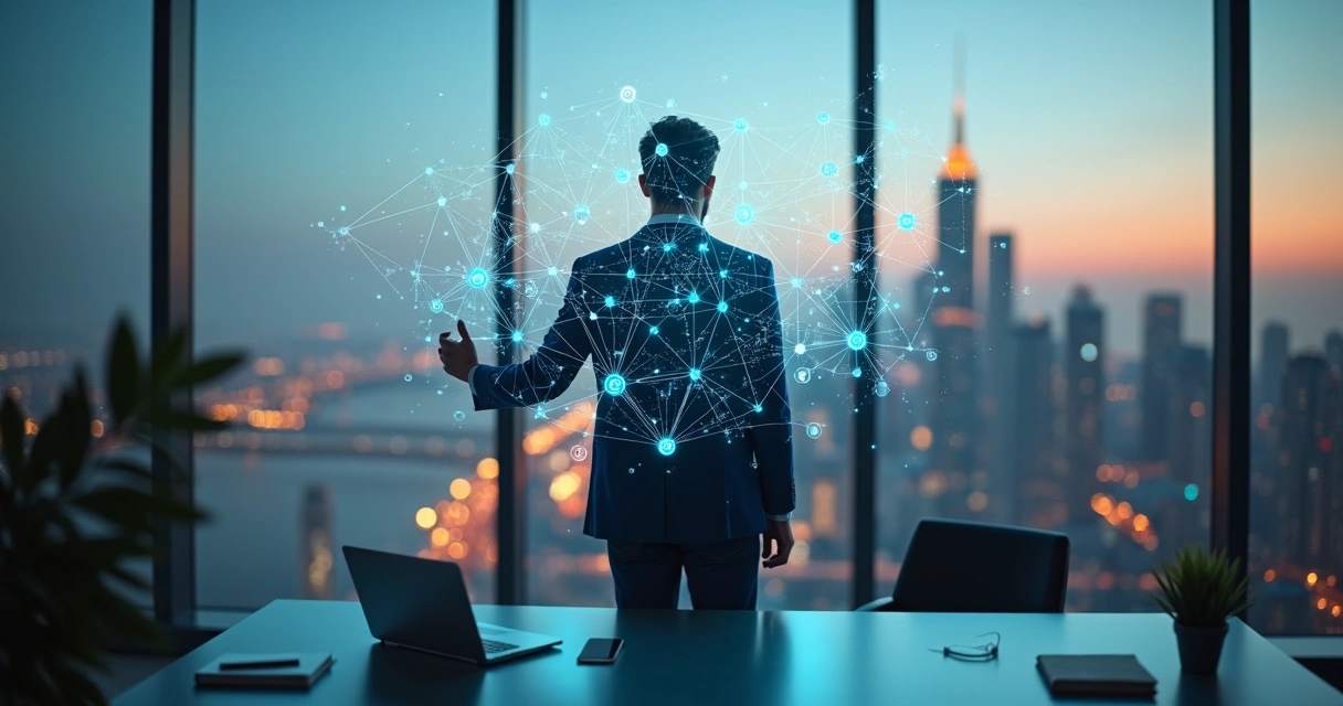 Business leader viewing interconnected digital system map while making a decision 