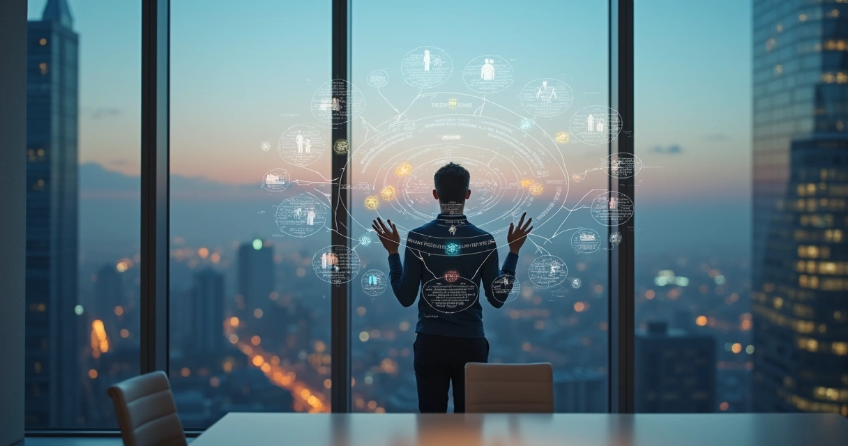 Person viewing interconnected decision nodes and consequences in a panoramic city view 