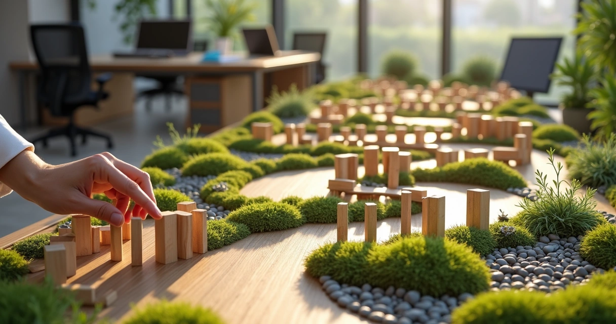 Person gently adjusting a wooden domino in a winding path through a bright office garden 