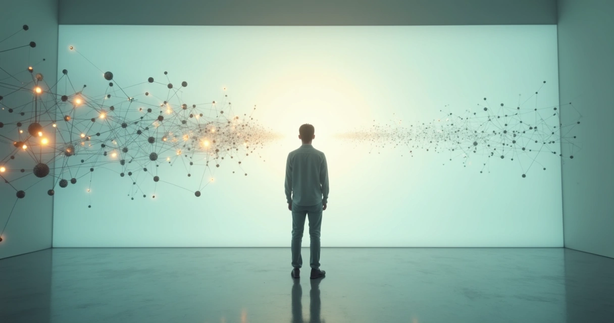 Person standing in front of interconnected shapes symbolizing emotional clarity and systemic thinking 