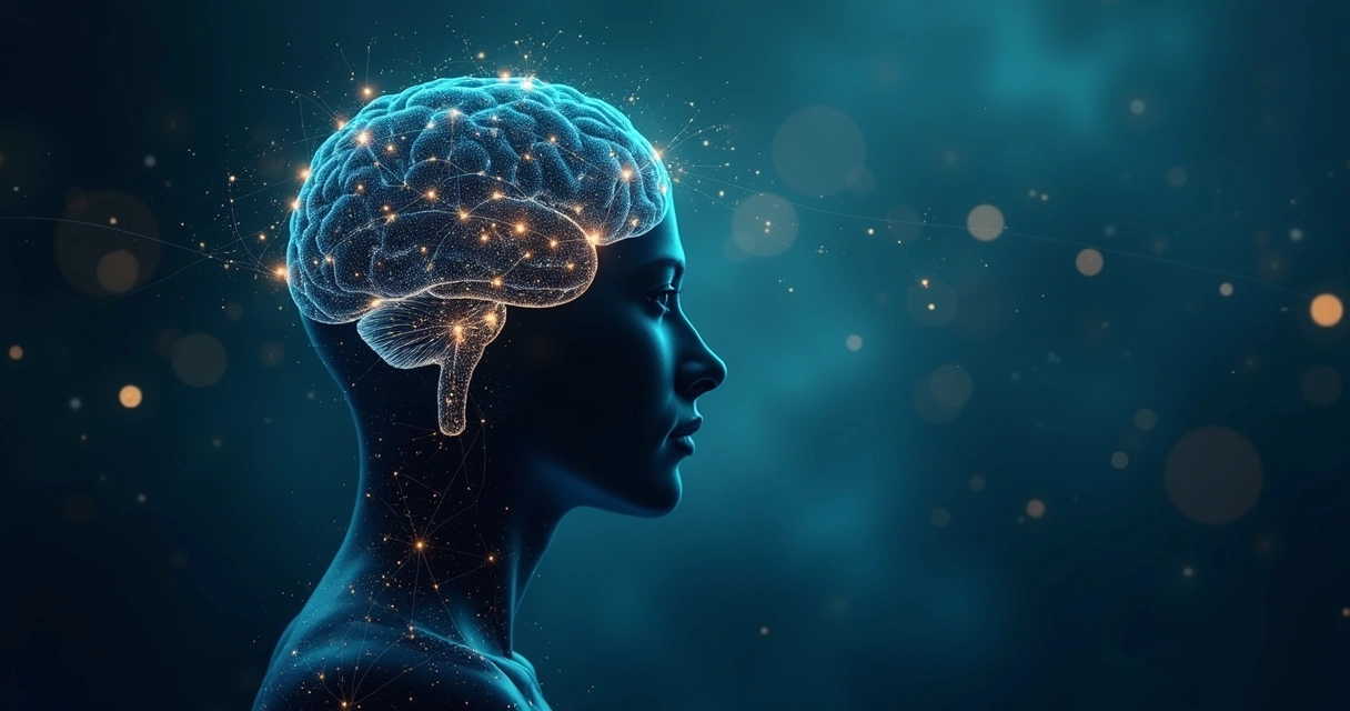 Human silhouette with interconnected global networks around the head 