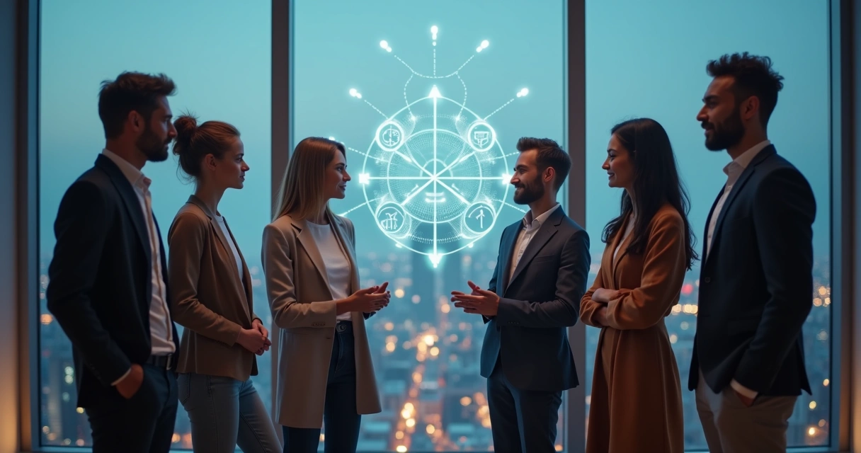 Diverse group connected by glowing lines symbolizing systemic relationships 