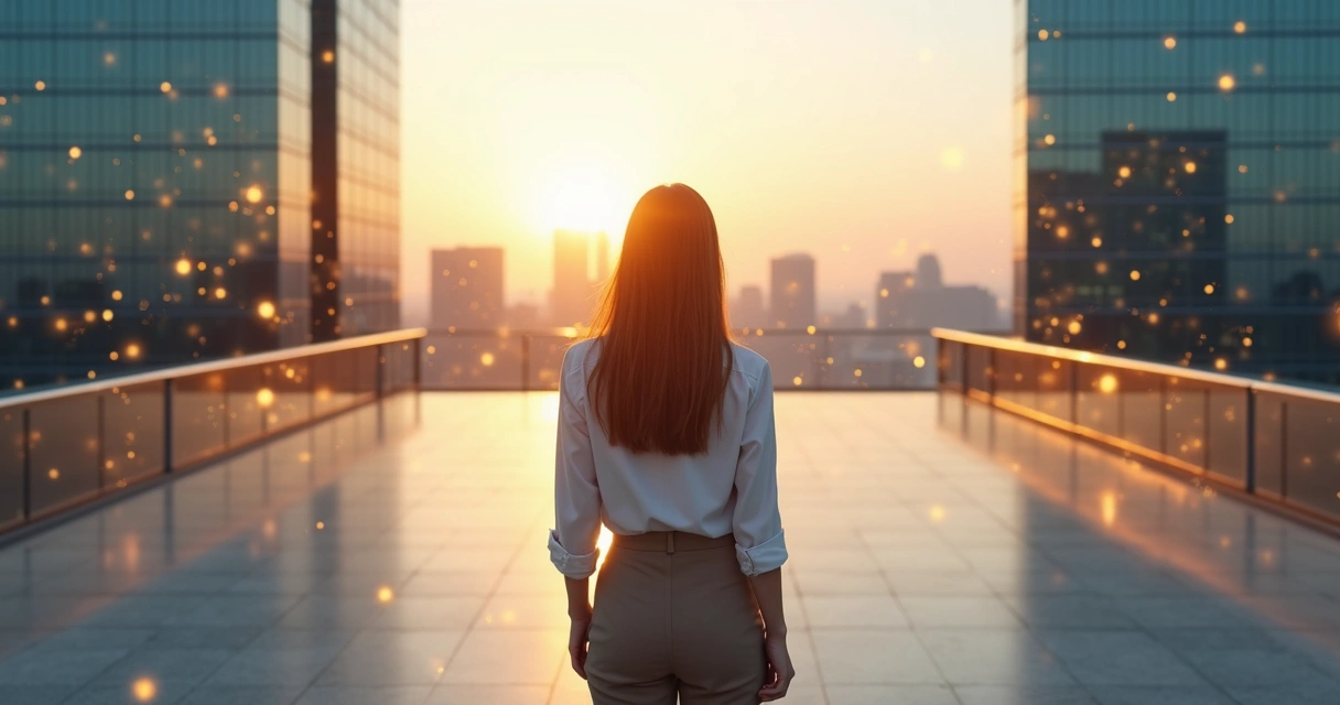 Businesswoman standing at crossroads between network of people and solitary path 