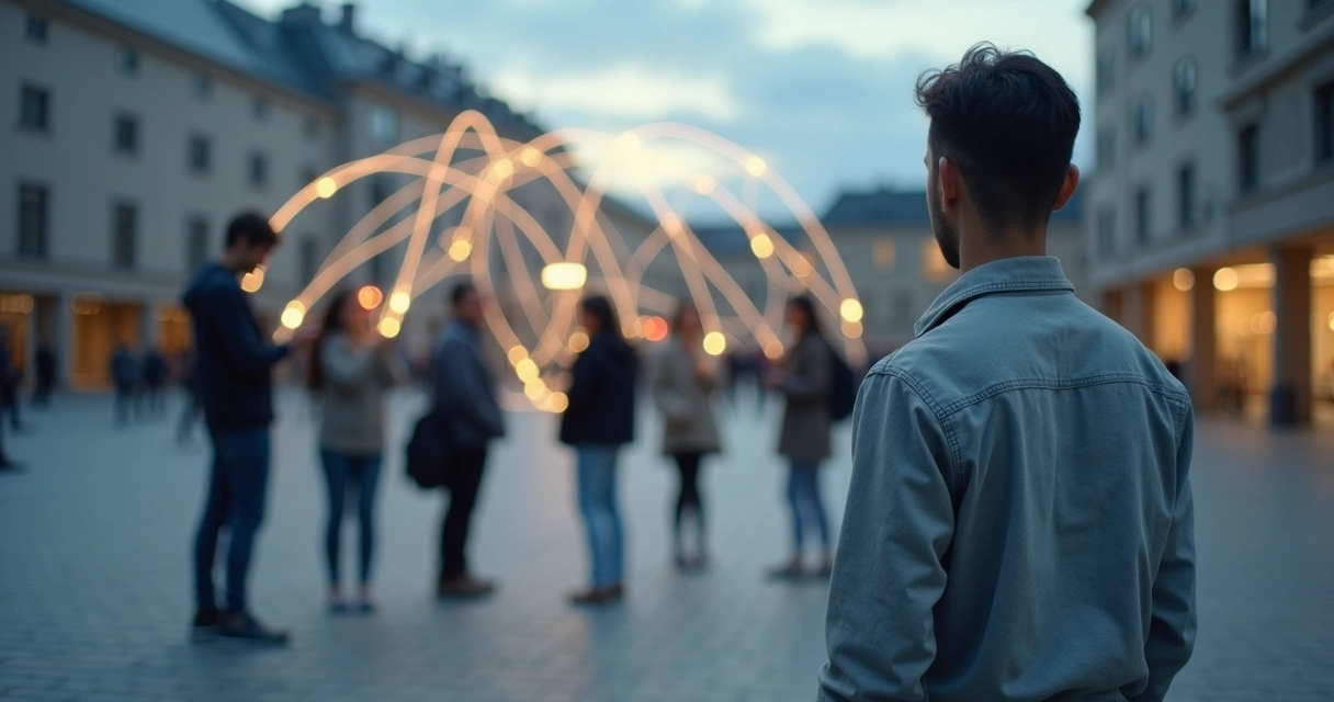 Person observing faint glowing lines connecting a group of people in a public square at dusk 