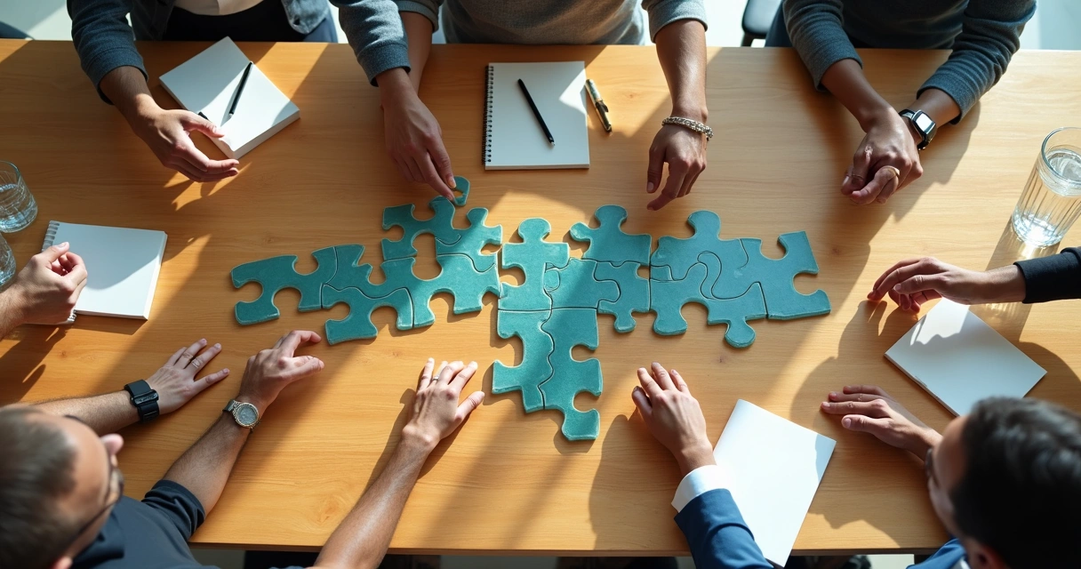 Overhead view of diverse hands assembling translucent puzzle pieces into a network on a wooden table 