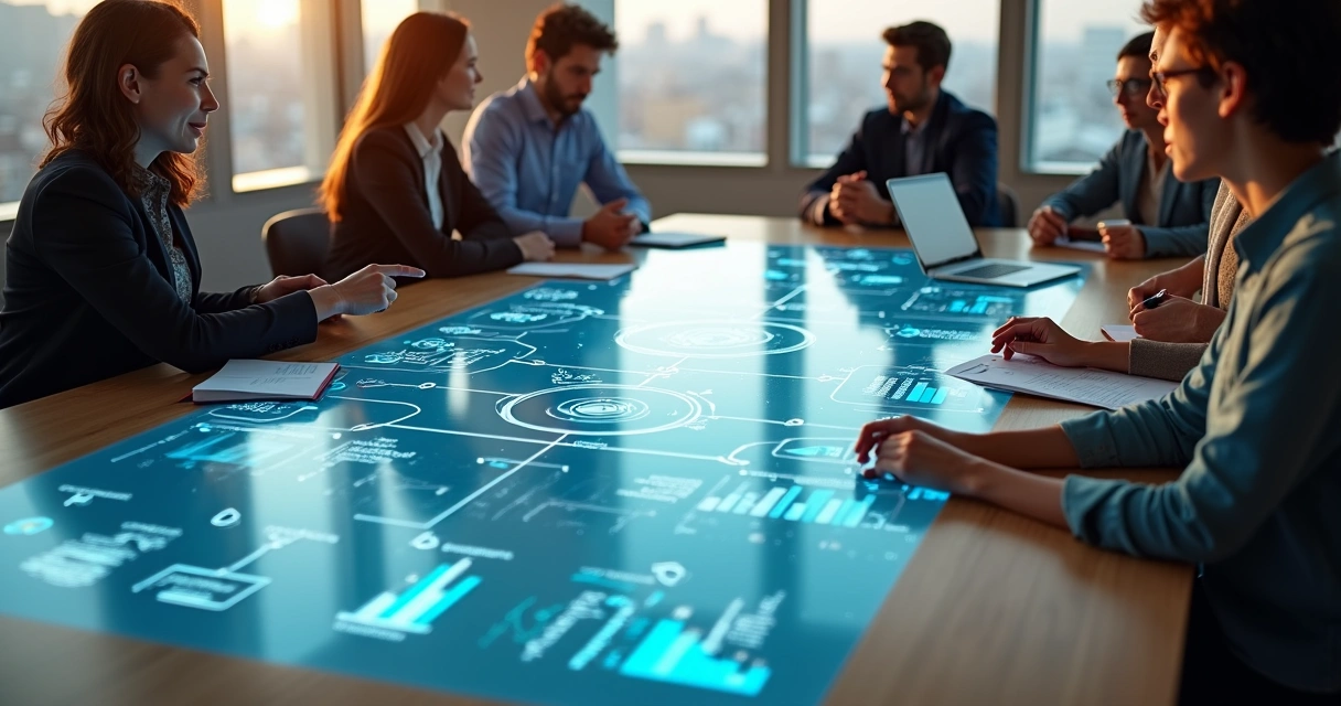 Diverse team around a glowing systems map planning a social impact project 