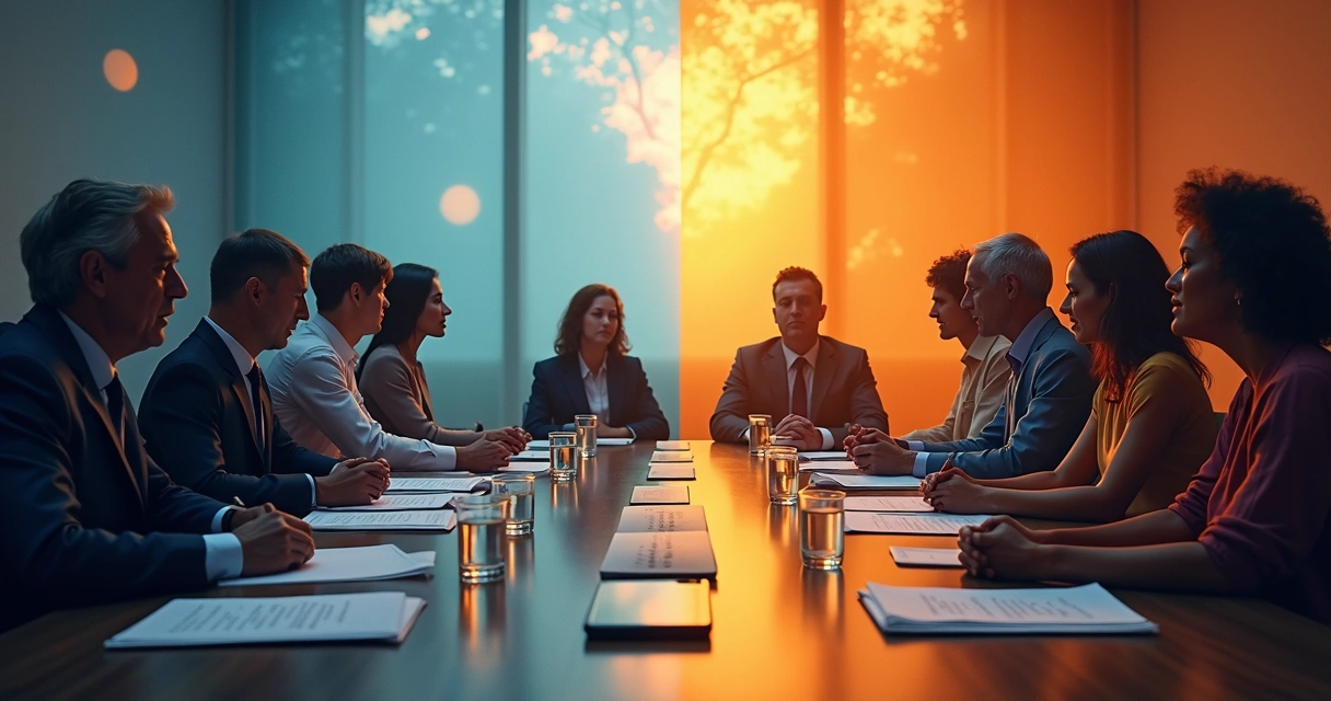 Split illustration showing cold boardroom negotiation on one side and warm group healing circle on the other 