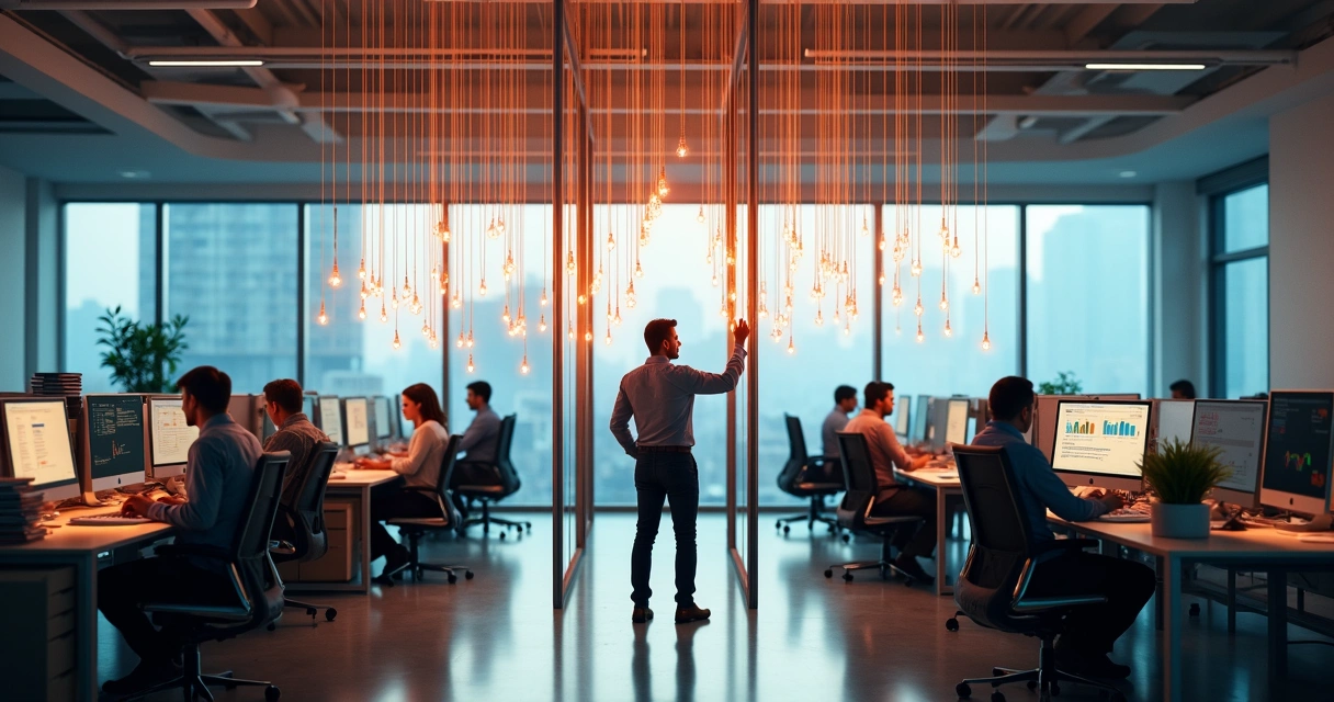 Calm manager adjusting strings connected to stressed coworkers in an office 