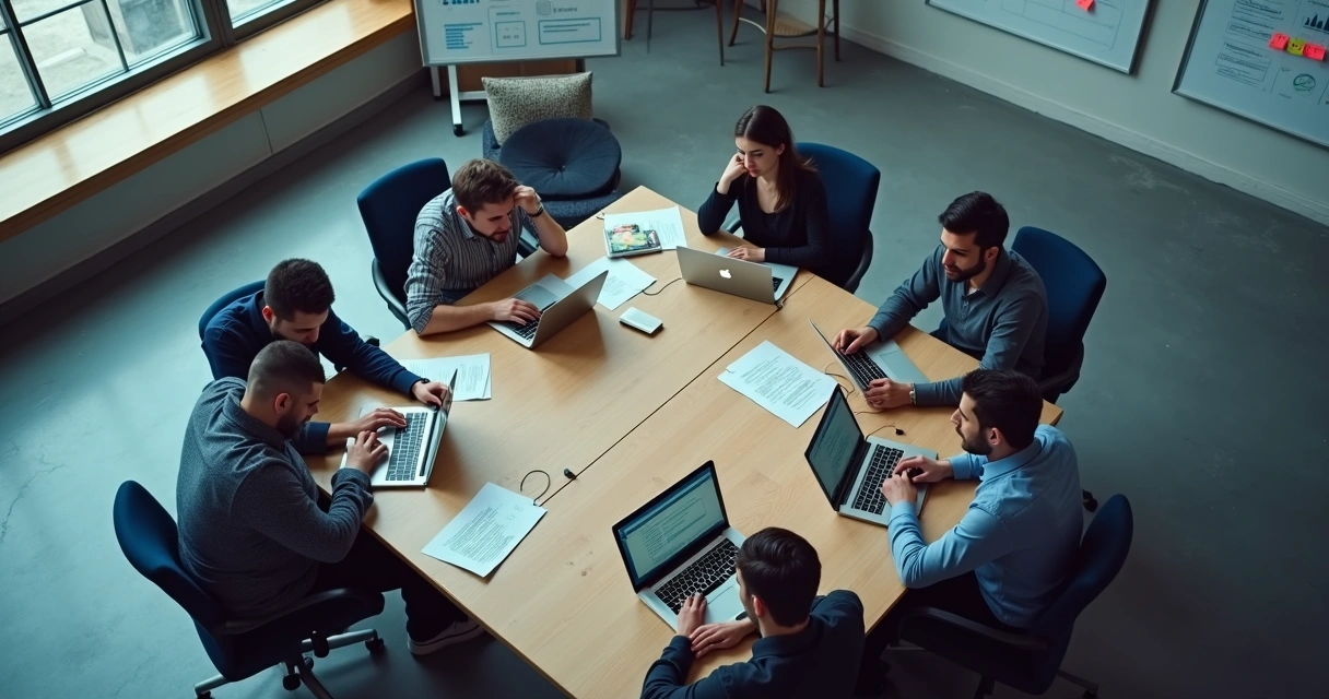 Overhead view of a tired workgroup in an office connected by faint network lines 