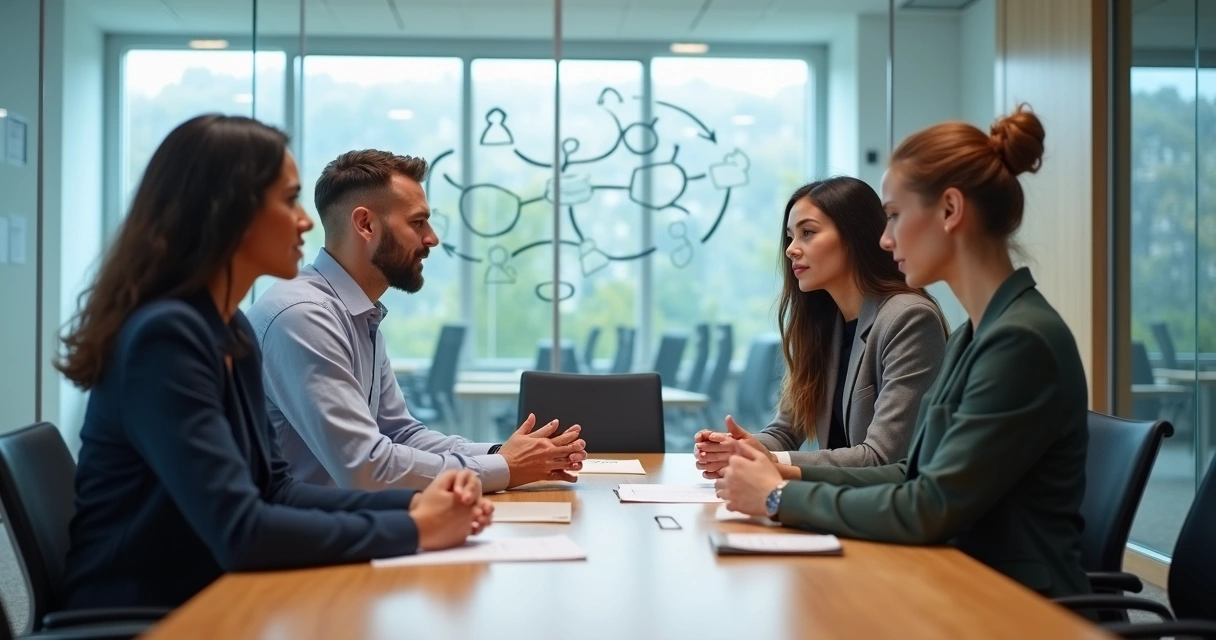 Diverse team in a meeting room using calm dialogue to resolve conflict 