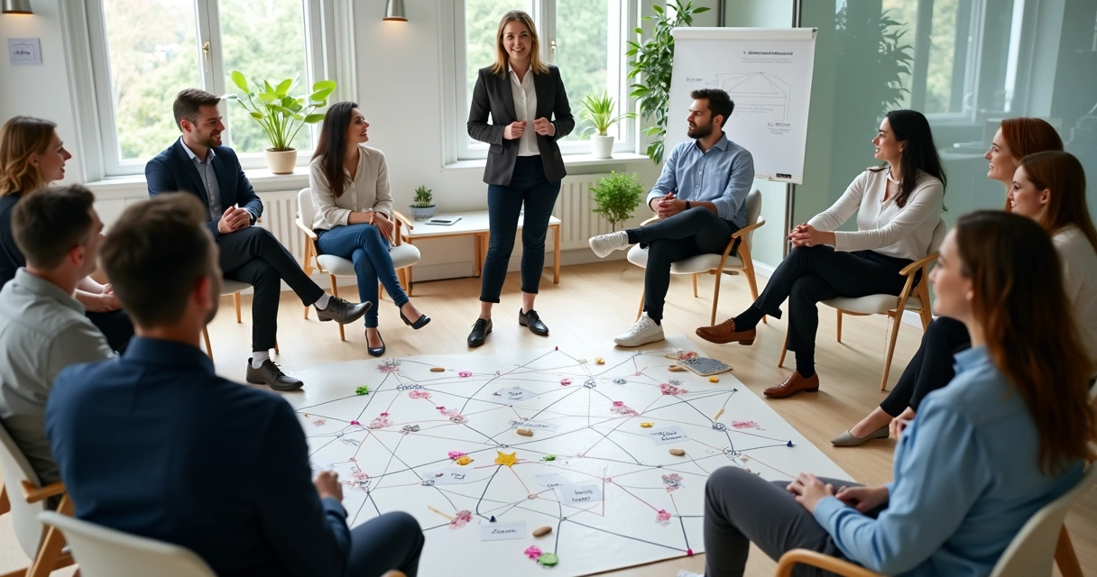 Team in modern office observing systemic constellation layout on floor 