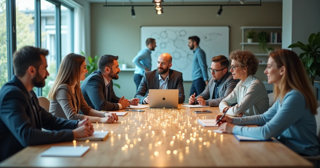 Diverse team in a meeting connected by subtle glowing lines 