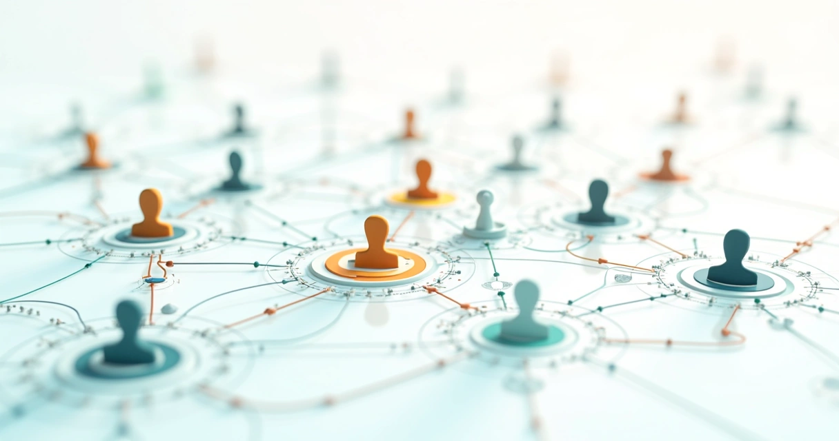 Diagram of interconnected circles and arrows representing a complex network 