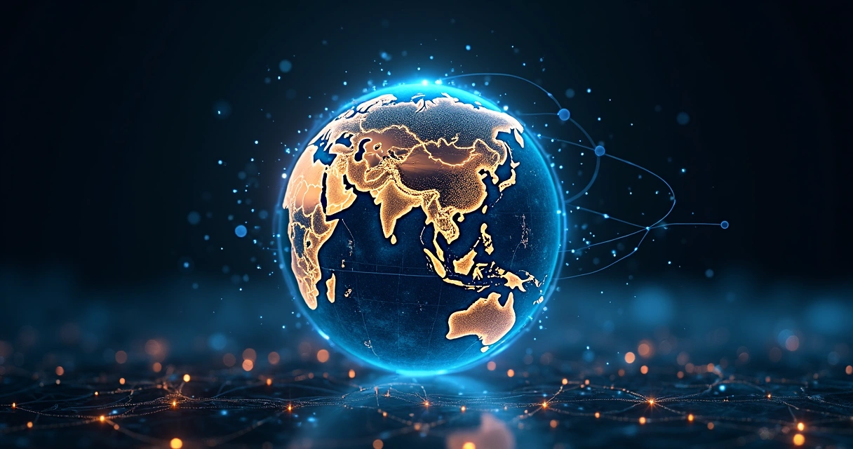 Digital network connections around a glowing globe 