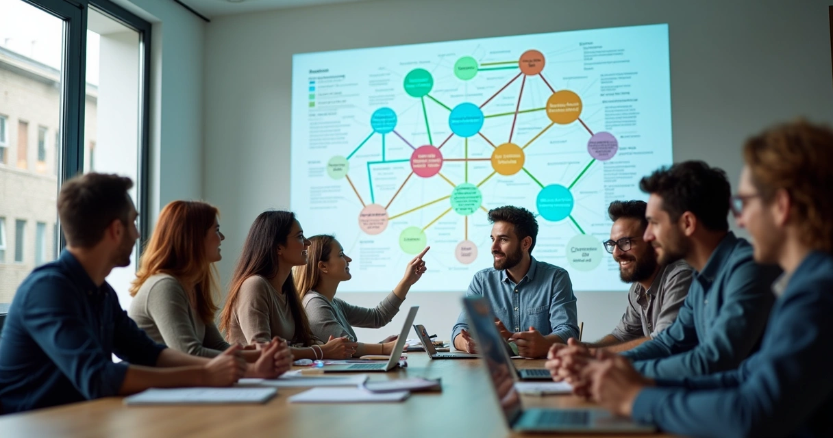 Team looking at a systems diagram during a meeting