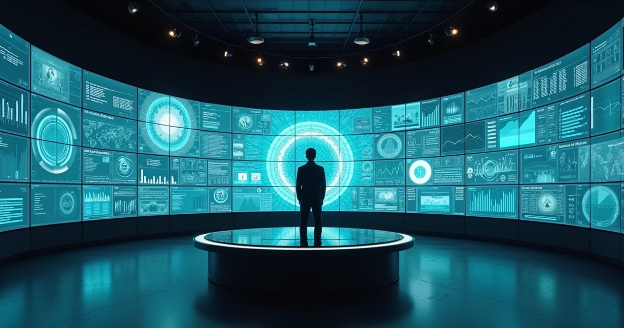 Complex control room with circular dashboards visualizing data feedback loops 