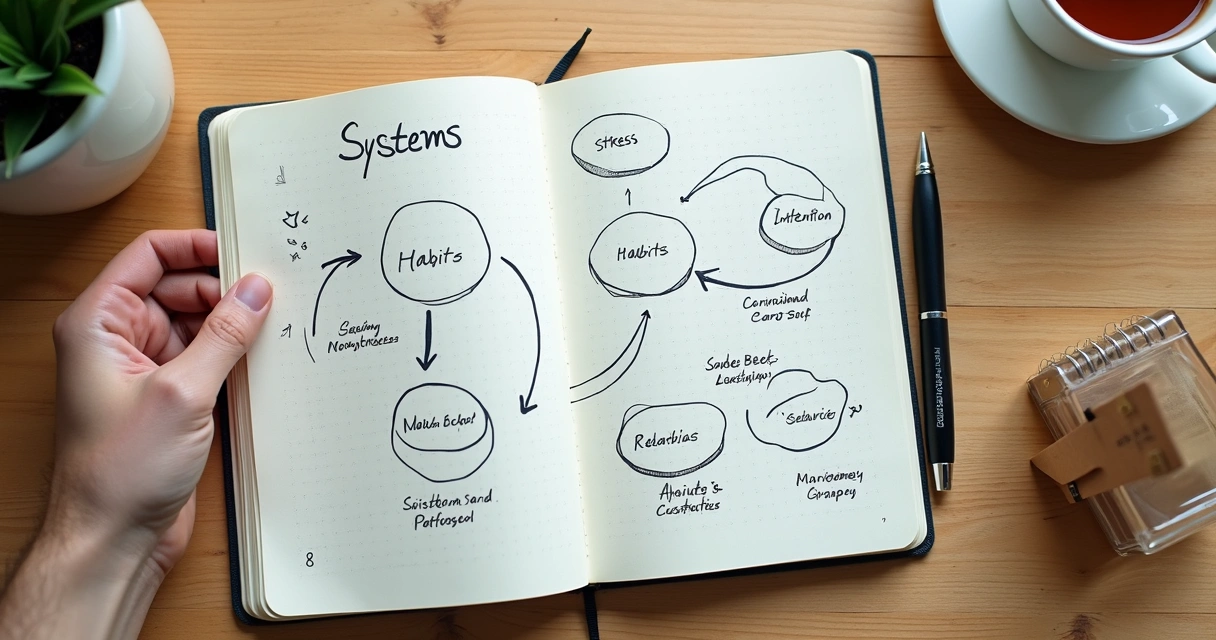 Notebook with systems diagram and arrows on a desk