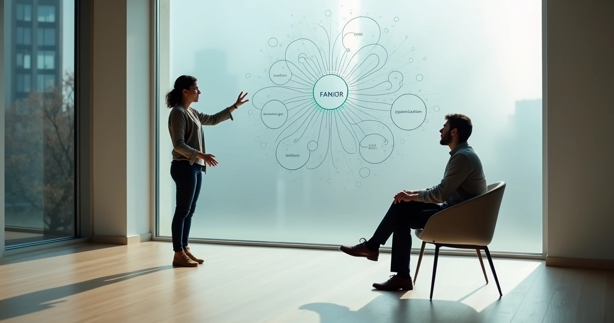 Coach pointing to interconnected system diagram behind a person reflecting on a chair 