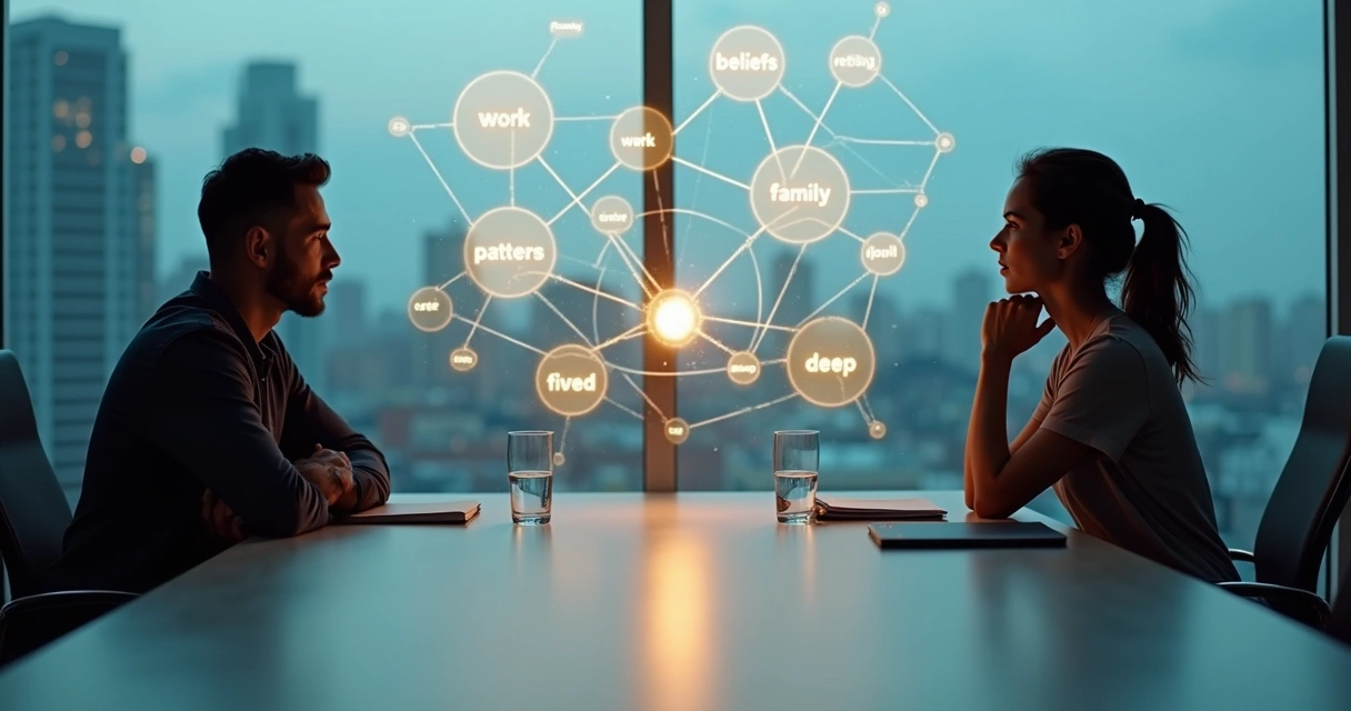 Two people in conflict connected by a glowing systemic network diagram 