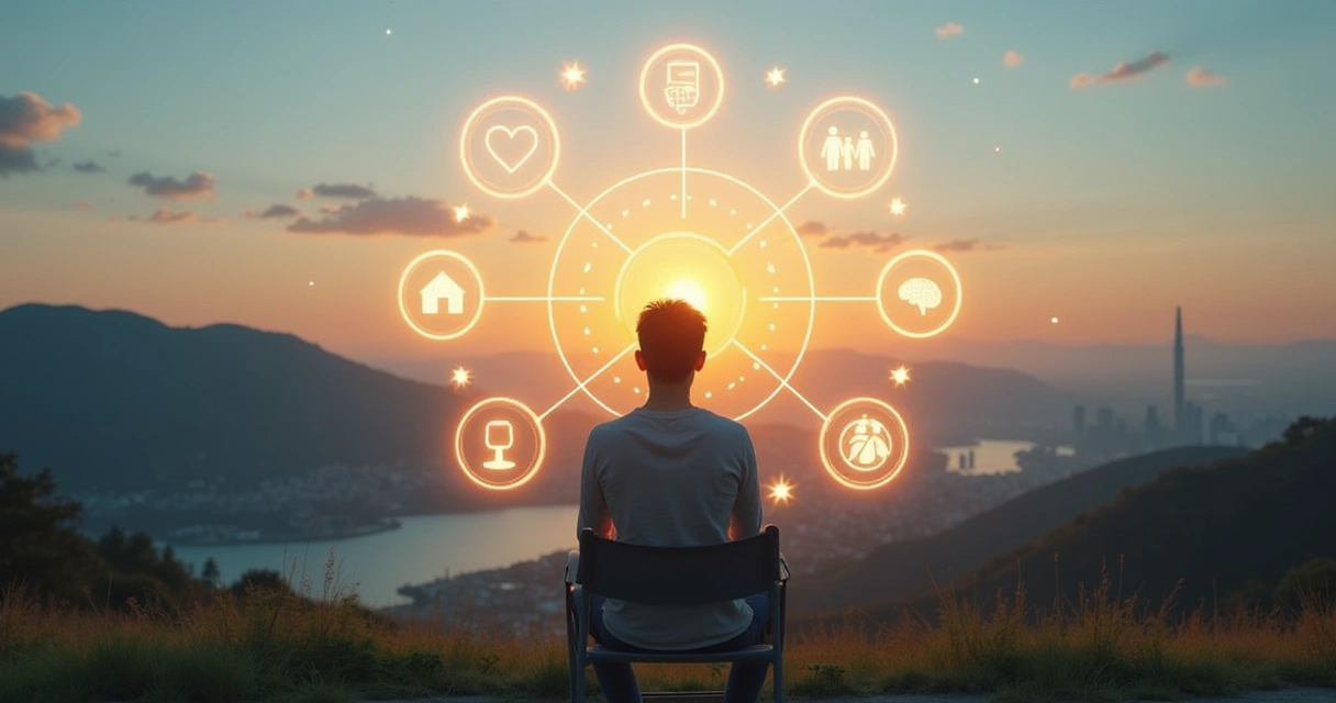 Person viewing interconnected systems diagram blending nature mind and life areas 