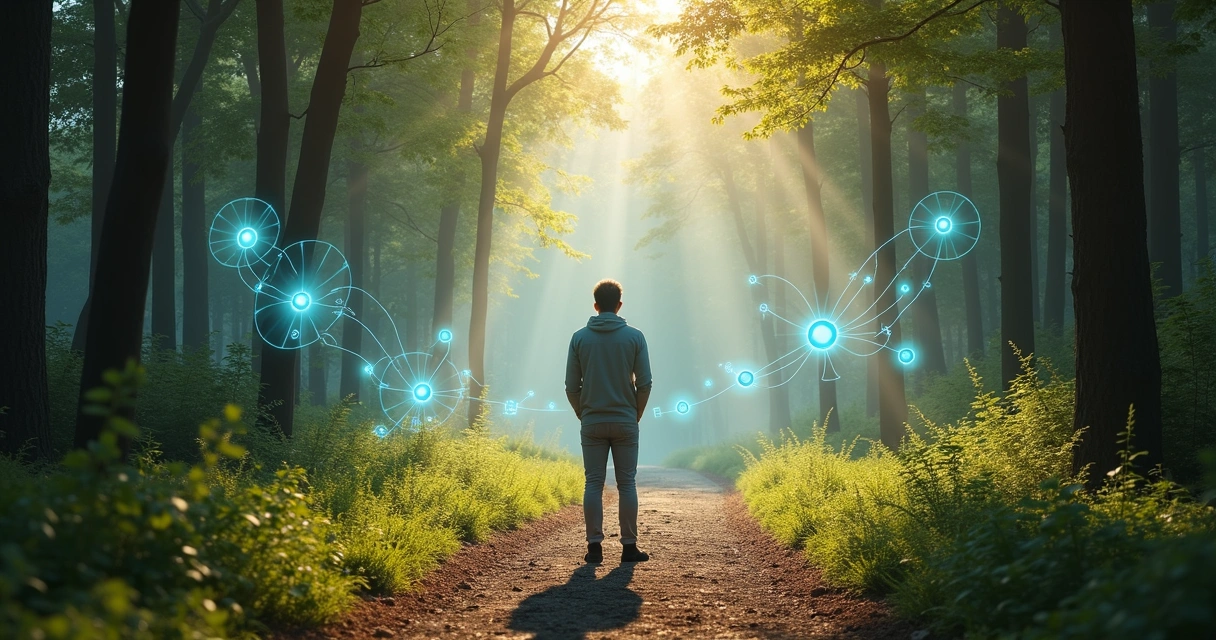 Person on a forest path surrounded by glowing interconnected systems diagrams 
