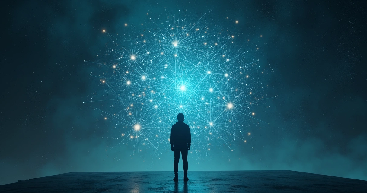 Human figure observing interconnected glowing lines forming a complex system 