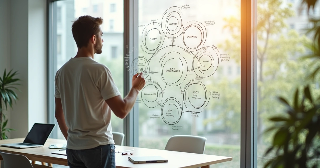 Person drawing a systems thinking mind map for well-being on a glass wall 