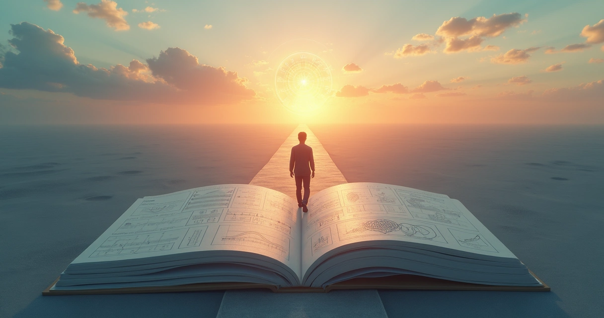 Human silhouette walking on giant book pages that branch into two intricate pathways 