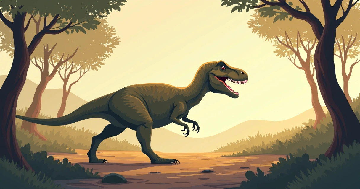 Tyrannosaurus rex caminhando por uma floresta pré-histórica 