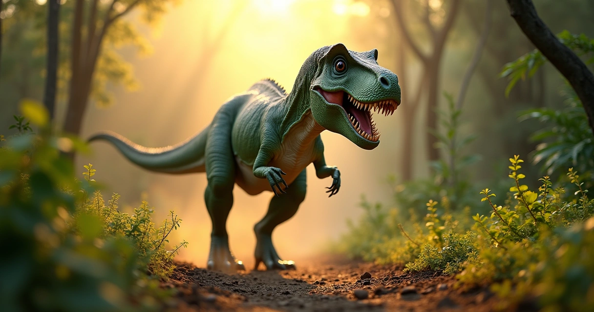 T-Rex em movimento em uma floresta pré-histórica, ressaltando realismo na animação moderna.