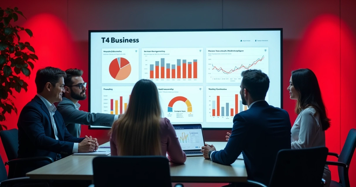 Equipe da empresa discutindo painel de relatórios personalizado com o nome T4 Business visível na tela 