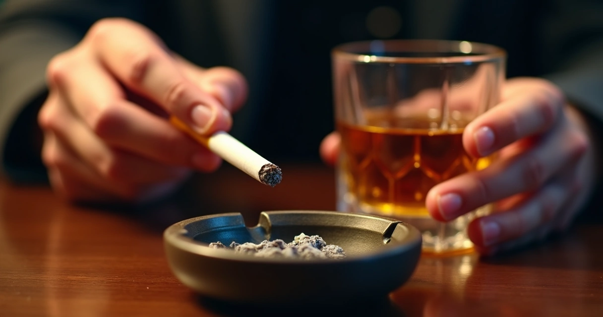 Mãos com cigarro aceso e copo de bebida alcoólica em foco 