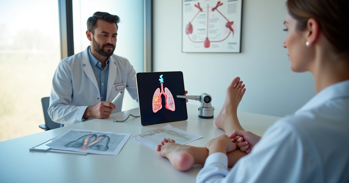 Médica vascular mostra em tablet pulmões com cigarro e vasos sanguíneos do paciente 