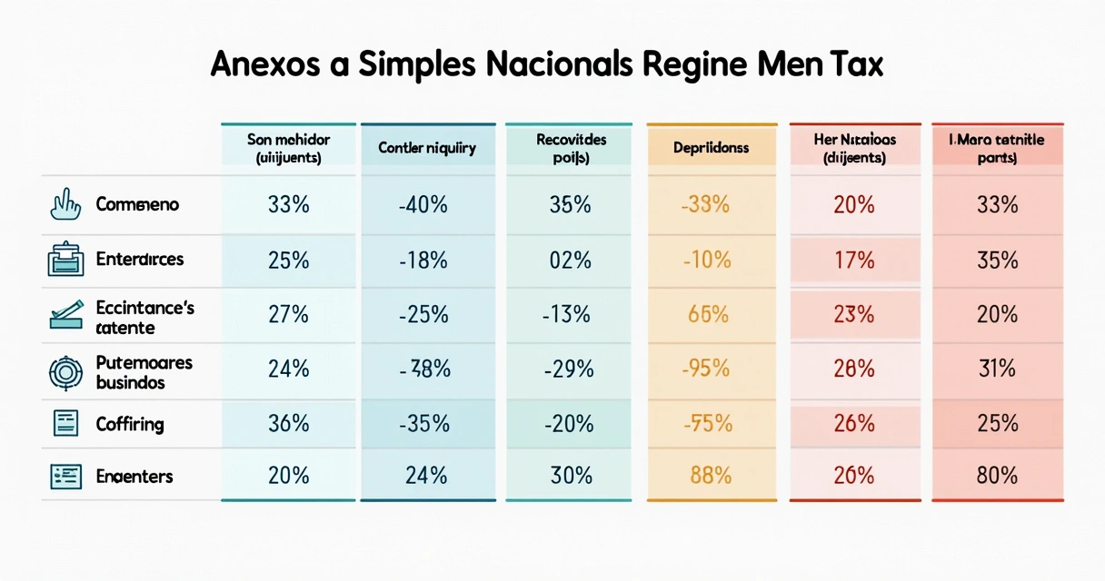 Representação gráfica colorida de tabela de anexos do Simples Nacional destacando alíquotas para diversos segmentos empresariais 