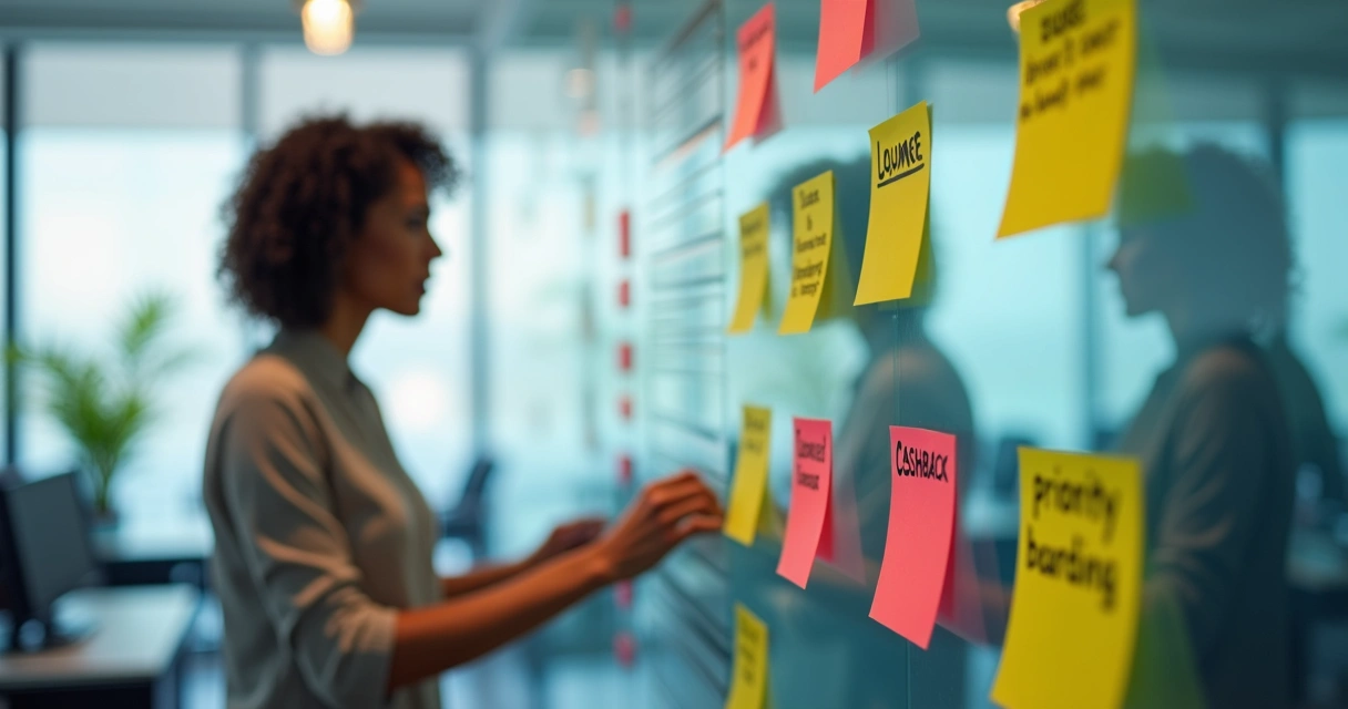 Quadro branco com listas de benefícios de cartões de crédito 