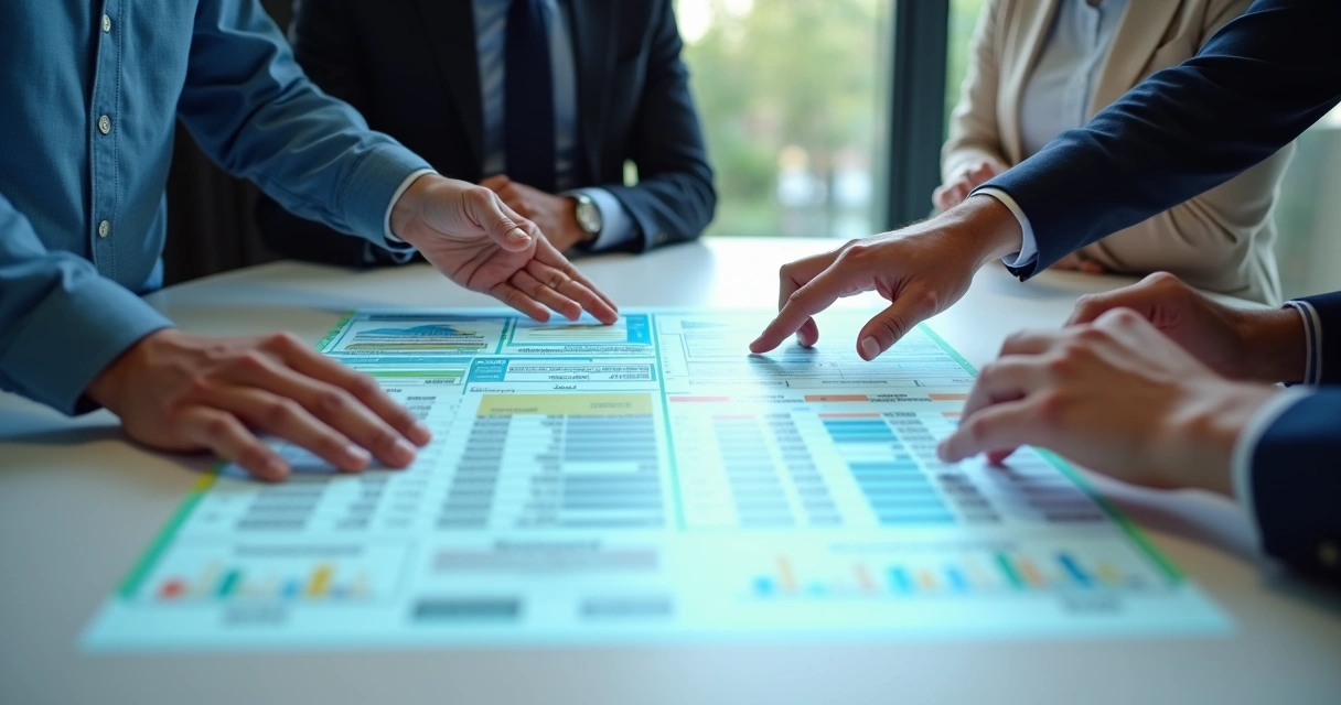 Equipe analisando tabela de orçamento corporativo na sala de reunião