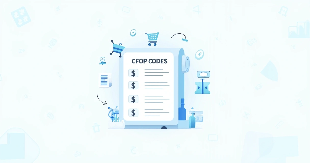 Ilustração da tabela CFOP com ícones de comércio e elementos relacionados a finanças.