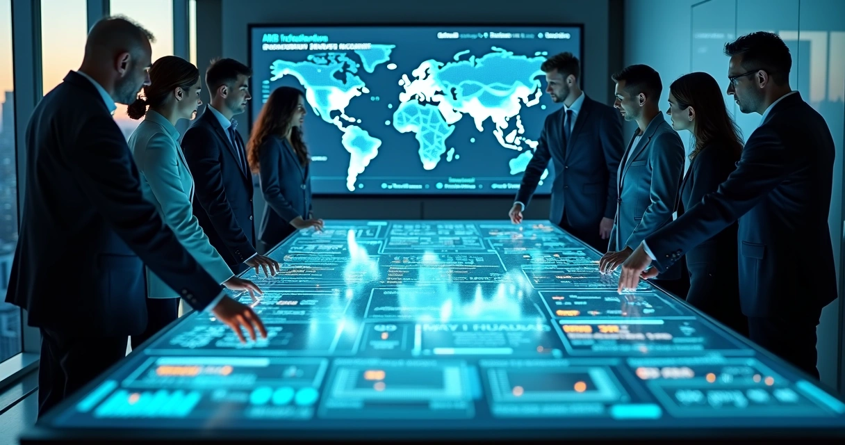 Equipe B2B analisando tabela digital com contas-alvo em destaque 