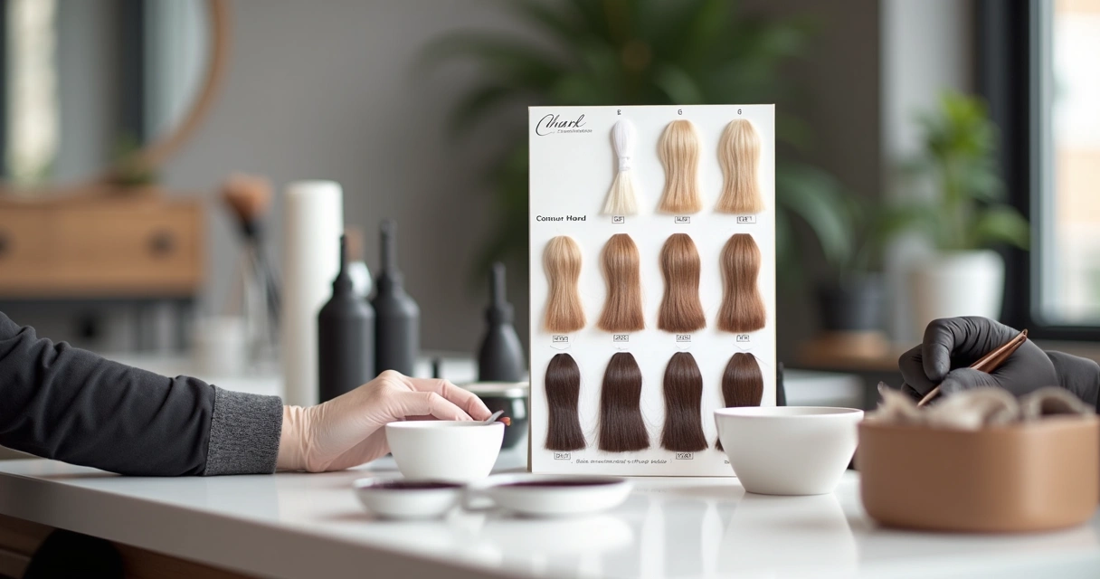 Cartela de tons de cabelo ao lado de mechas coloridas 