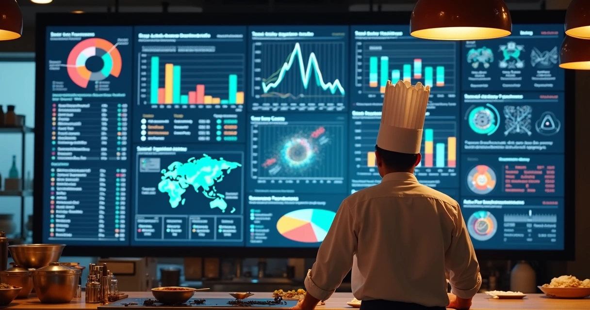 Chef analisando tabela digital de dados culinários em tela touch screen 