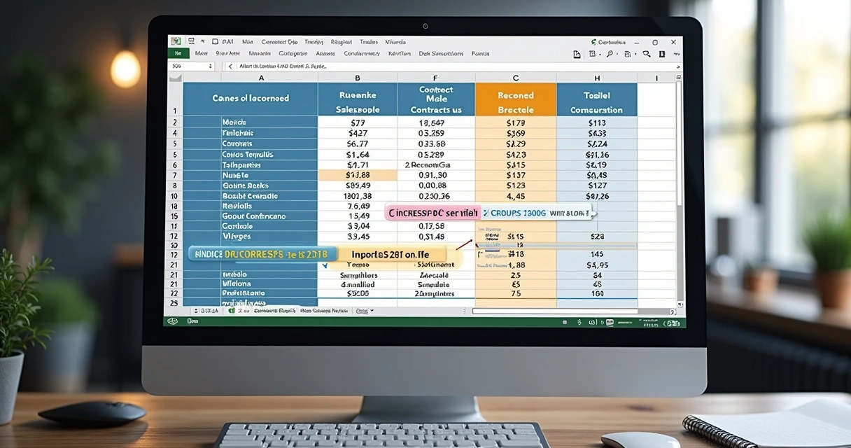 Planilha do Excel com tabela de filiais, vendedores e tipos de contrato destacada com fórmulas ÍNDICE e CORRESP aplicadas 