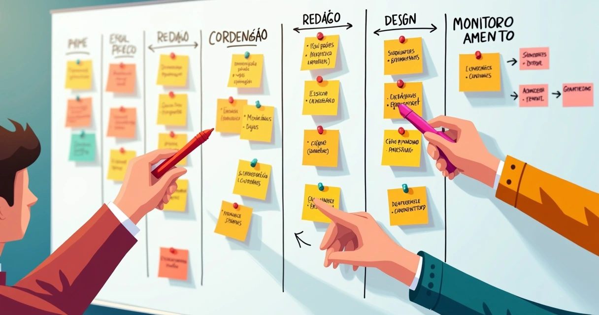 Quadro branco com post-its coloridos mostrando nomes e funções de membros do comitê de comunicação 