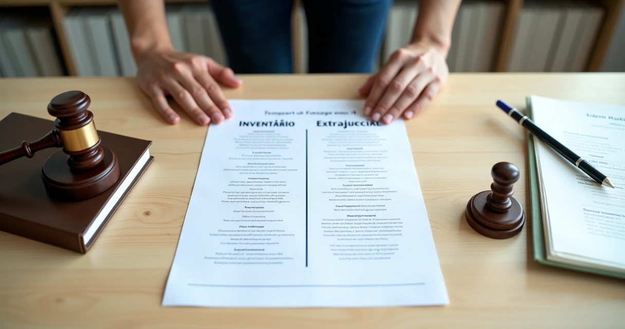Mesa com tabela comparando inventário judicial e extrajudicial em documentos ao lado de carimbo e carimbo notarial 